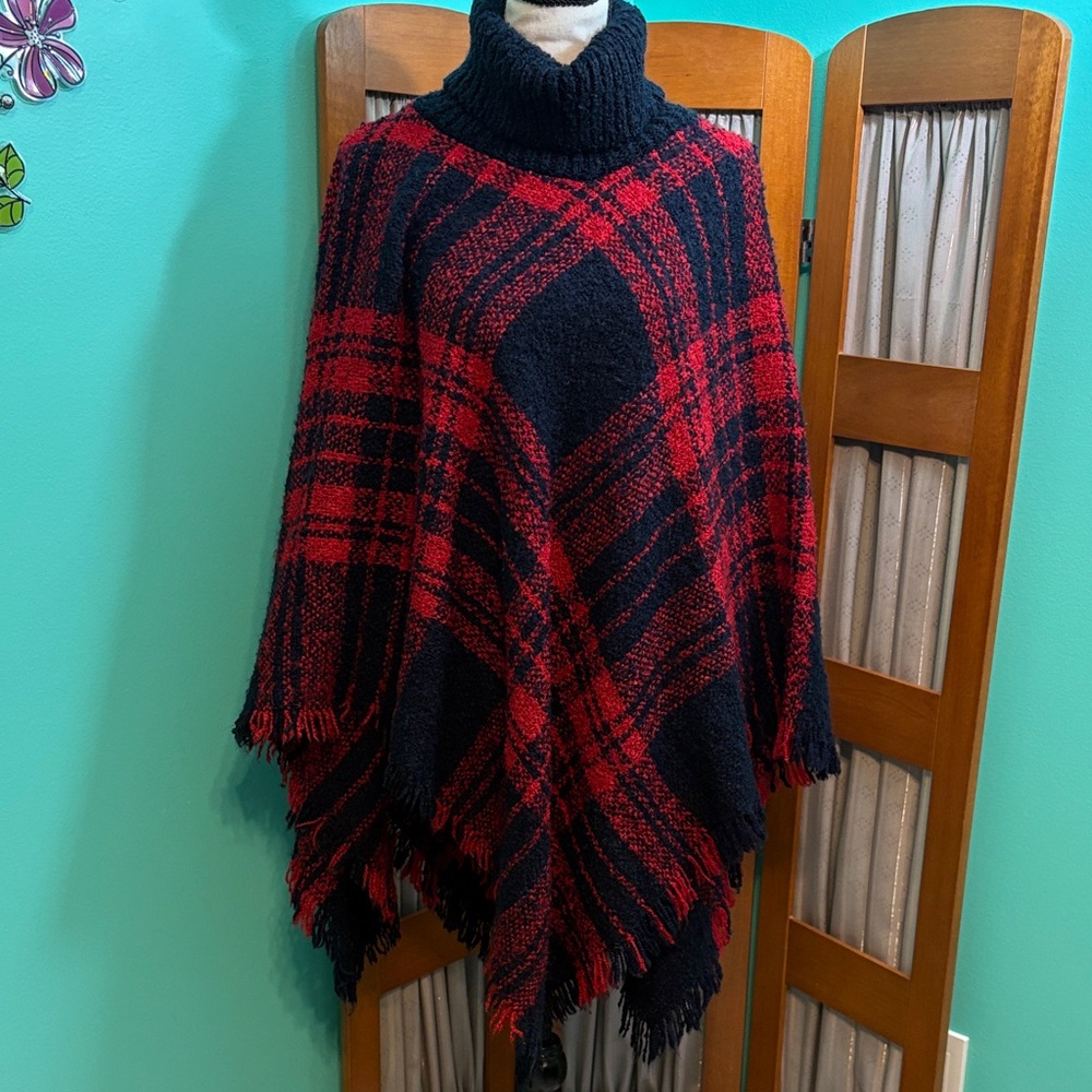 Steve Madden Red and Blue Plaid Turtleneck Poncho